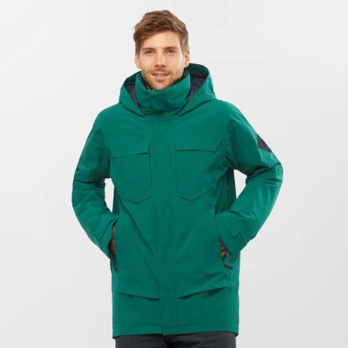 Green Salomon Stance Cargo Insulated Hooded Men's Ski Jackets | IE KM1208